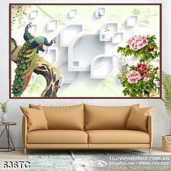 Tranh chim công sơn dầu đậu cành cây cao