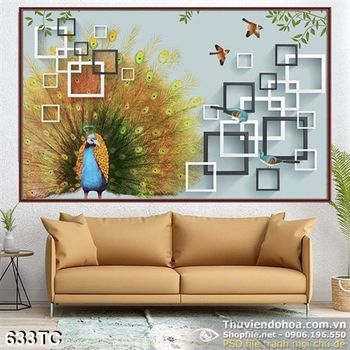 Tranh chim công đậu cành cây và chữ thư pháp