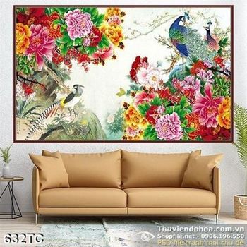 Tranh chim công hoa mẫu đơn đẹp ý nghĩa
