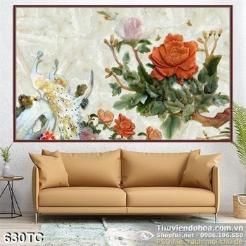 Tranh chim công hoa mẫu đơn giả ngọc wall