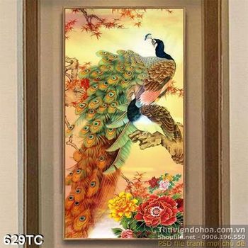 Tranh chim công khổ dọc và hoa mẫu đơn in uv