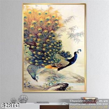 Tranh chim công xòe đuôi nhảy nhót