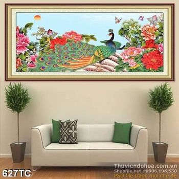 Tranh chim công và hoa mẫu đơn wall in uv