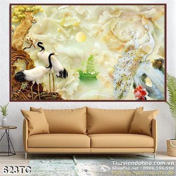 Tranh chim công và chim hạc 3d giả ngọc cùng con thuyền rồng