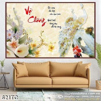 Tranh chim công vợ chồng giả ngọc đẹp wall