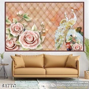 Tranh chim công  3d đẹp và bông hoa hồng giả ngọc