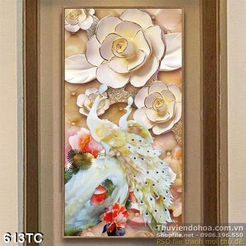 Tranh chim công 3d và bông hoa màu trắng