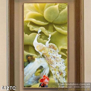 Tranh chim công giả ngọc và hoa sen xanh