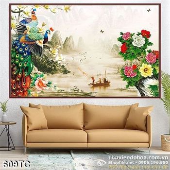 Tranh chim công và con thuyền nhỏ đẹp