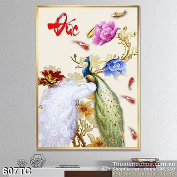 Tranh chim công chữ đức và cá koi