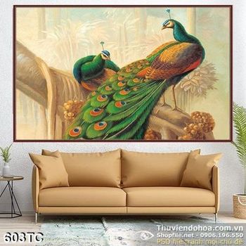 Tranh chim công đậu trên gốc cây