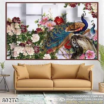 Tranh chim công wall 3d và hoa mẫu đơn
