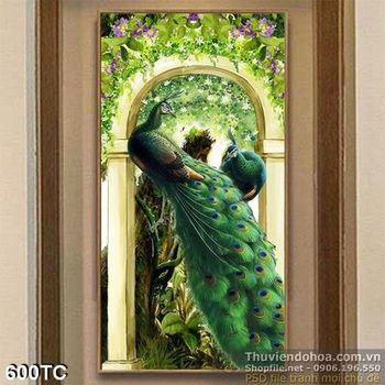 Tranh chim công đẹp màu xanh lam khổ dọc 3d