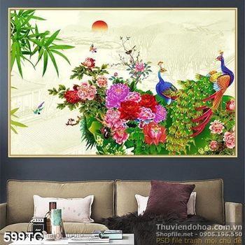 Tranh chim công và những bông hoa mẫu đơn