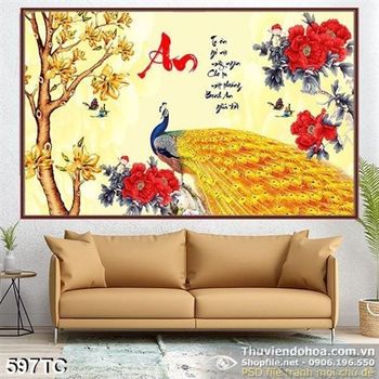 Tranh chim công chữ an và hoa màu đỏ