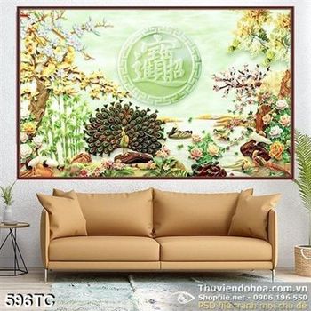 Tranh chim công 3d xòe đuôi giả ngọc
