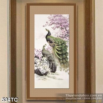 Tranh chim công vẽ tay và hoa đào màu tím