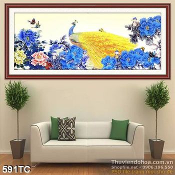 Tranh chim công khổ dọc và hoa mẫu đơn xanh