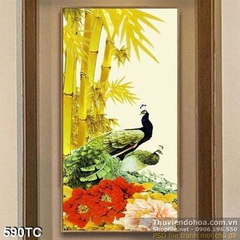 Tranh chim công và cây tre giả ngọc vàng 3d
