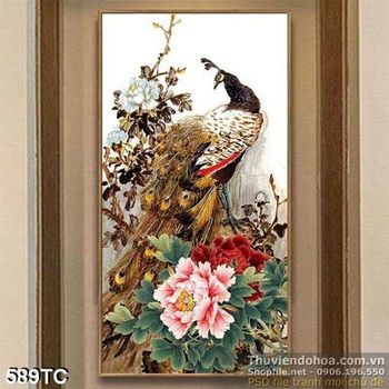Tranh chim công màu xám và hoa mẫu đơn