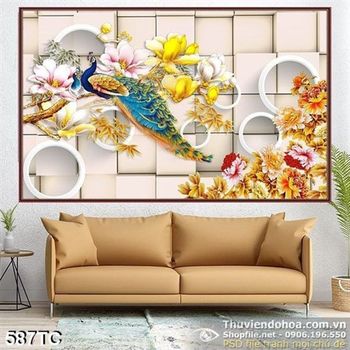 Tranh chim công 3d  và ô vuông