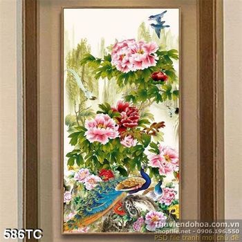 Tranh chim công khổ dọc vẽ tay psd đẹp