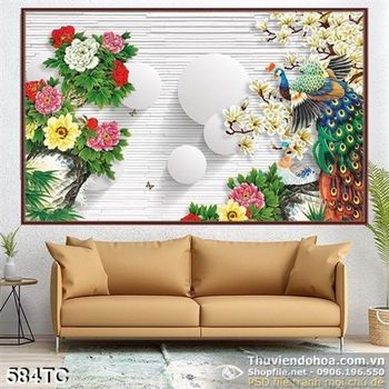 Tranh chim công cành hoa đào psd