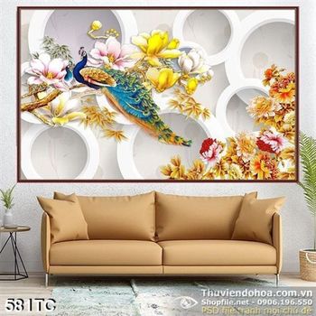 Tranh chim công và những vòng tròn trắng đẹp 3d