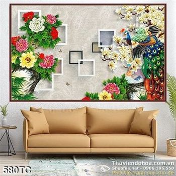 Tranh chim công hình vuông và hoa mẫu đơn