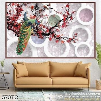 Tranh chim công hình tròn và cành hoa đào ấn tượng