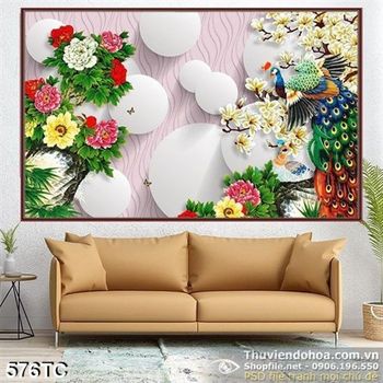 Tranh chim công chơi đùa trên cành cây