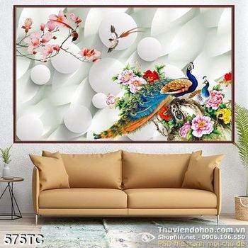 Tranh chim công và cành hoa đào nhỏ nở đẹp 3d