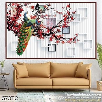 Tranh chim công cành hoa đào lớn ấn tượng