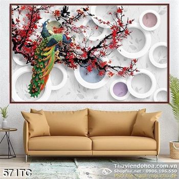 Tranh chim công 3d và cành hoa đào đỏ lớn