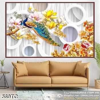 Tranh chim công và cành hoa 3d đẹp