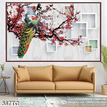 Tranh chim công đậu trên cây hoa đào đỏ psd