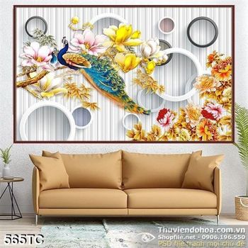 Tranh chim công khoe sắc và hoa mẫu đơn in psd