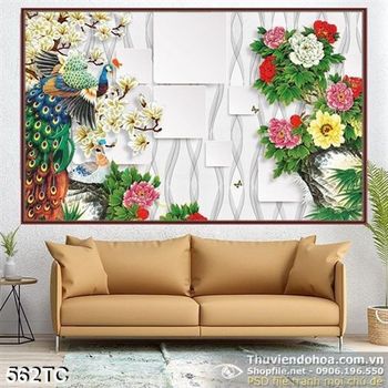 Tranh chim công 3d và bụi hoa mẫu đơn
