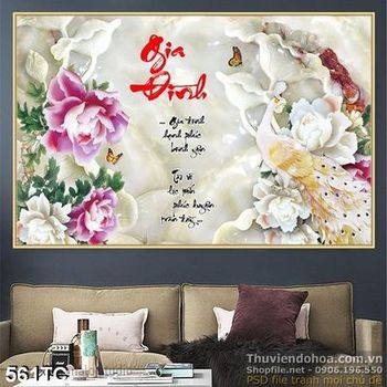 Tranh chim công gia đình giả ngọc và hoa mẫu đơn hồng