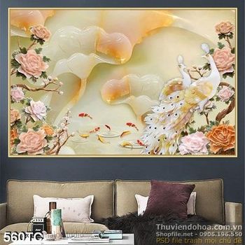 Tranh chim công giả ngọc hoa sen 3d in wall