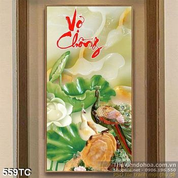Tranh chim công vợ chồng giả ngọc hoa sen