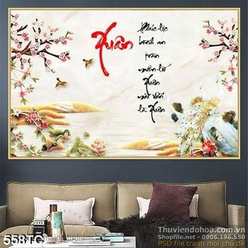 Tranh chim công xuân và hoa đào