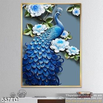 Tranh chim công màu xanh in uv
