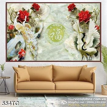 Tranh chim công  và chim hạc giả ngọc đẹp ấn tượng