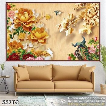 Tranh chim công hoa mẫu đơn bằng gỗ hấp dẫn