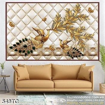 Tranh chim công 3d ngậm cành la vàng đẹp ấn tượng