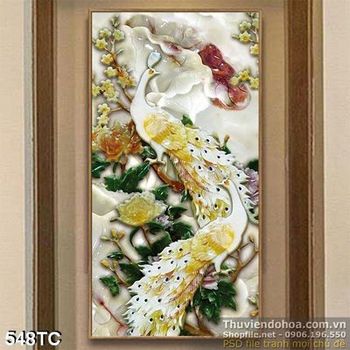 Tranh chim công tán tỉnh nhau trên cành cây đẹp