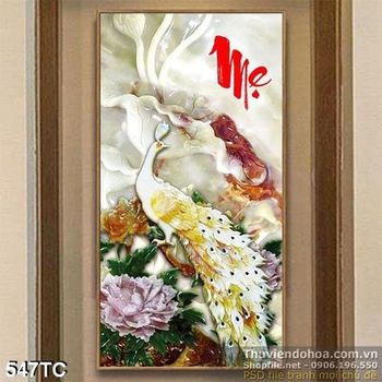 Tranh chim công mẹ và hoa mẫu đơn đẹp ấn tượng