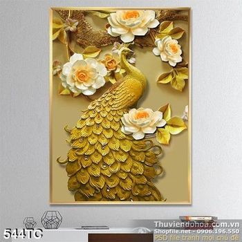 Tranh chim công điêu khắc và hoa sen trắng