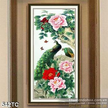 Tranh chim công nghệ thuật vẽ tay hoa mẫu đơn